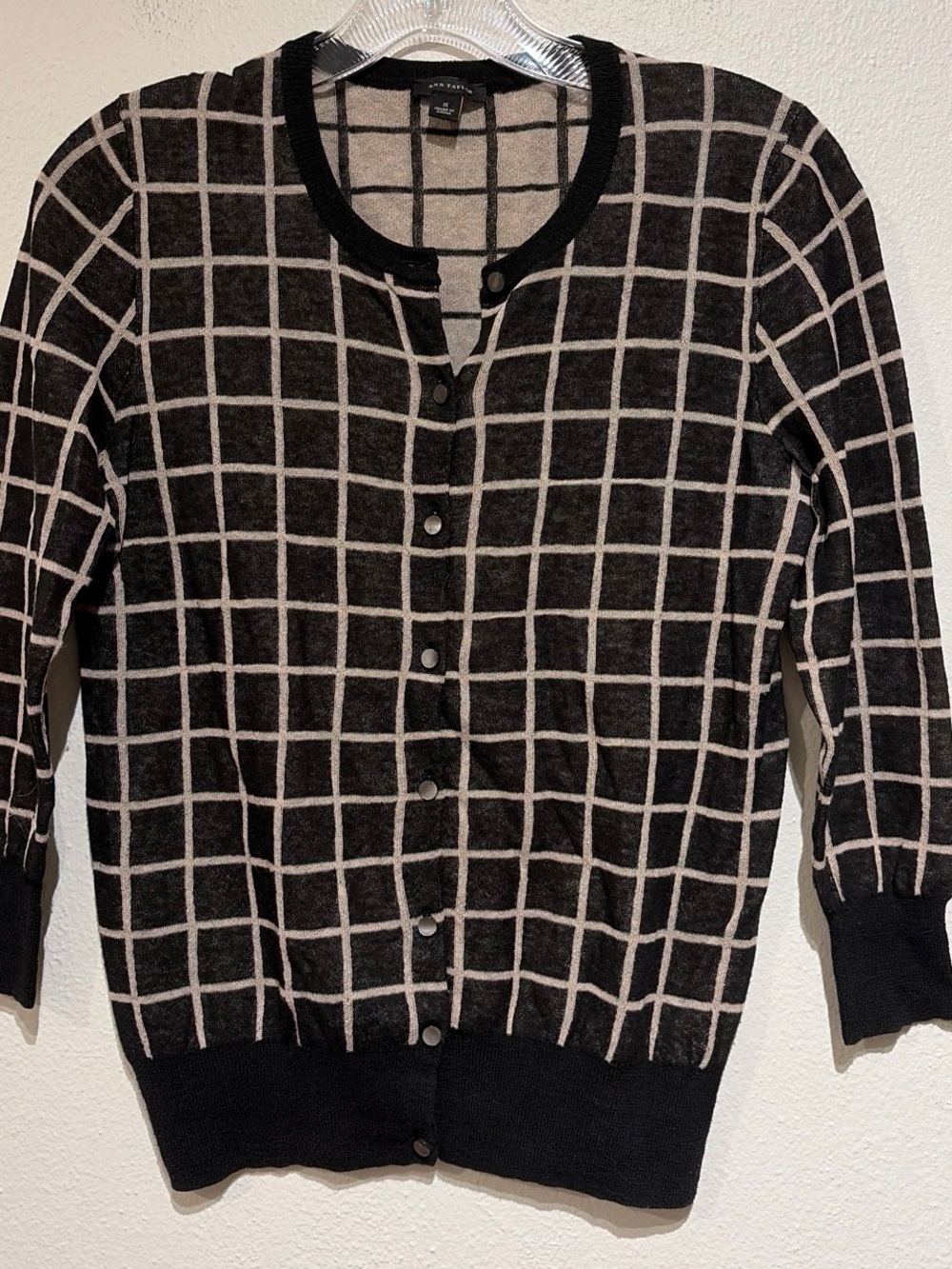 Ann Taylor Black and Cream Grid-Pattern Crewneck 3/4 Sleeve Cardigan Sweater